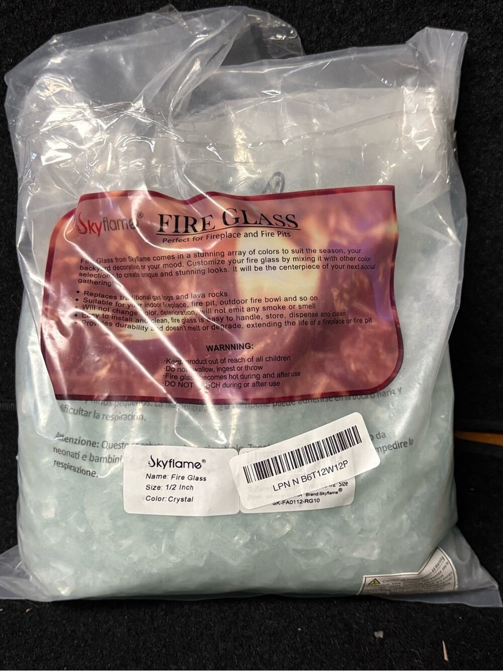 Skyflame Crystal Fire Glass 1/2” for Fire Pit & Fireplace – New